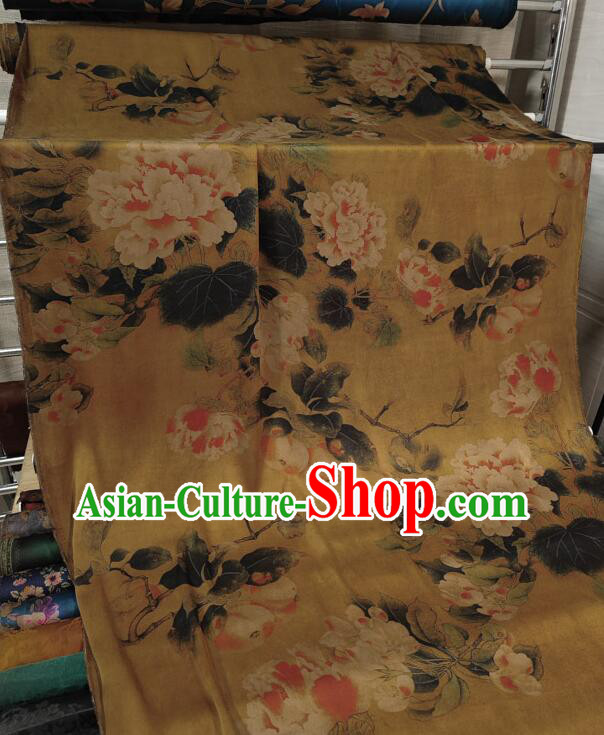 Chinese Traditional Cheongsam Yellow Silk Material Classical Peony Pattern Design Gambiered Guangdong Gauze Fabric Chinese Traditional Cheongsam Yellow Silk Material Classical Peony Pattern Design Gambiered Guangdong Gauze Fabric