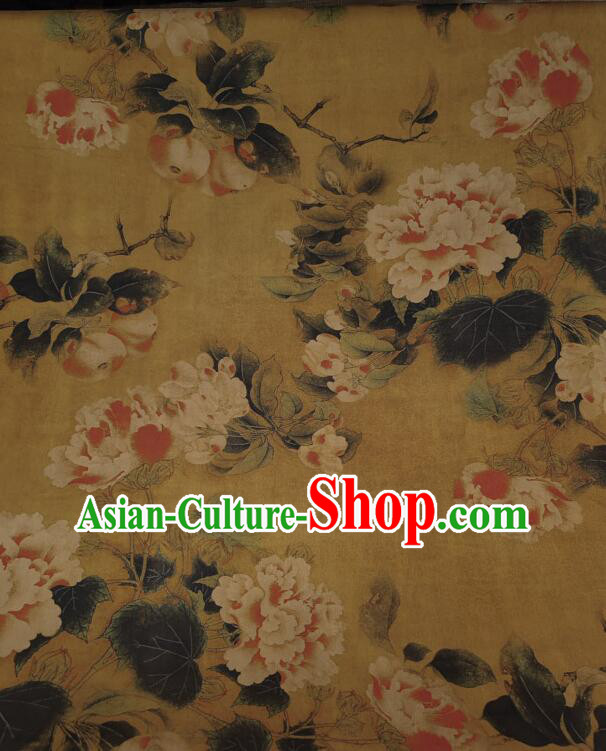 Chinese Traditional Cheongsam Yellow Silk Material Classical Peony Pattern Design Gambiered Guangdong Gauze Fabric Chinese Traditional Cheongsam Yellow Silk Material Classical Peony Pattern Design Gambiered Guangdong Gauze Fabric