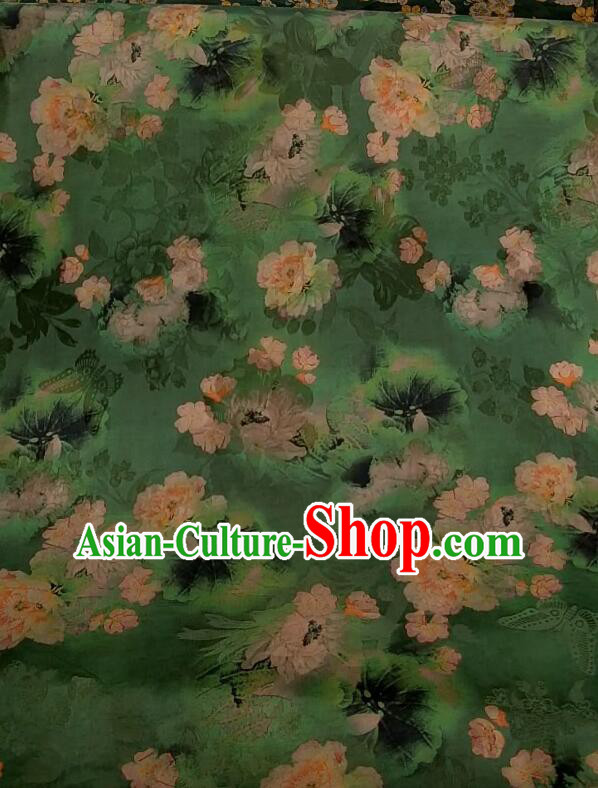 Asian Chinese Traditional Peony Pattern Design Gambiered Guangdong Gauze Fabric Green Silk Material Asian Chinese Traditional Peony Pattern Design Gambiered Guangdong Gauze Fabric Green Silk Material