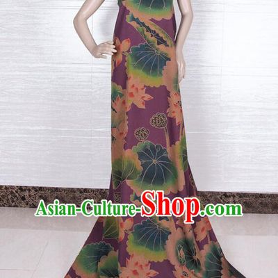 Chinese Traditional Lotus Pattern Design Gambiered Guangdong Gauze Fabric Asian Purple Silk Material