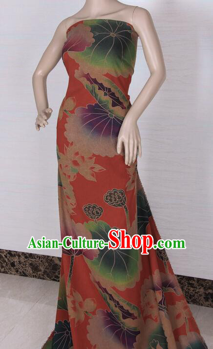 Asian Cheongsam Red Silk Material Chinese Traditional Lotus Pattern Design Gambiered Guangdong Gauze Fabric Asian Cheongsam Red Silk Material Chinese Traditional Lotus Pattern Design Gambiered Guangdong Gauze Fabric
