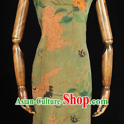 Chinese Classical Jacquard Silk Fabric Green Gambiered Guangdong Gauze Traditional Crane Pattern Design Dress Material