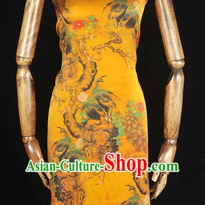 Chinese Traditional Peacock Pattern Design Dress Material Classical Jacquard Silk Fabric Golden Gambiered Guangdong Gauze