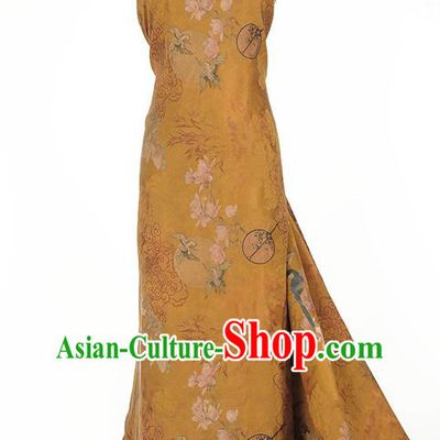 Chinese Khaki Gambiered Guangdong Gauze Traditional Flower Bird Pattern Design Dress Material Classical Jacquard Silk Fabric
