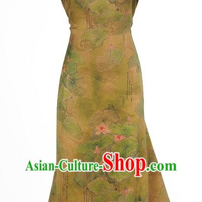 Chinese Classical Jacquard Silk Fabric Khaki Gambiered Guangdong Gauze Traditional Lotus Pattern Design Dress Material