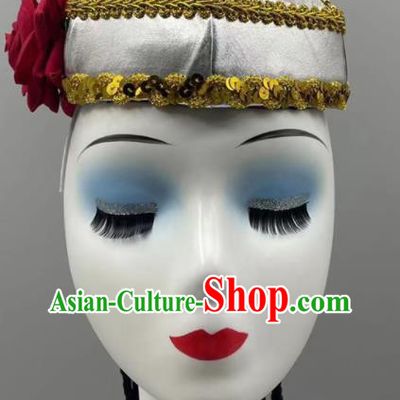 Chinese Uyghur Nationality Folk Dance Braids Headdress Xinjiang Dance Silvery Hat Ethnic Stage Performance Headwear