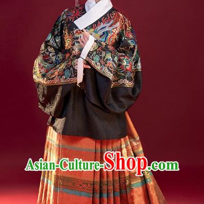 Chinese Traditional Hanfu Black Kylin Blouse and Red Skirt Ming Dynasty Noble Lady Garment Costumes Ancient Imperial Consort Clothing