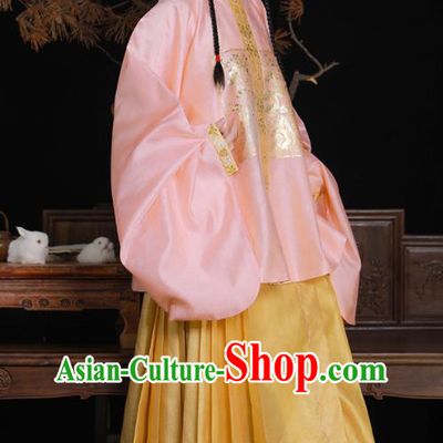 Chinese Ming Dynasty Princess Garment Costumes Traditional Hanfu Dress Ancient Palace Beauty Clothing Pink Blouse and Yellow Skirt Complete Set