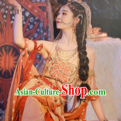 Chinese Ethnic Young Lady Garment Costumes Traditional Dance Dress Ancient Western Regions Princess Clothing and Headpieces