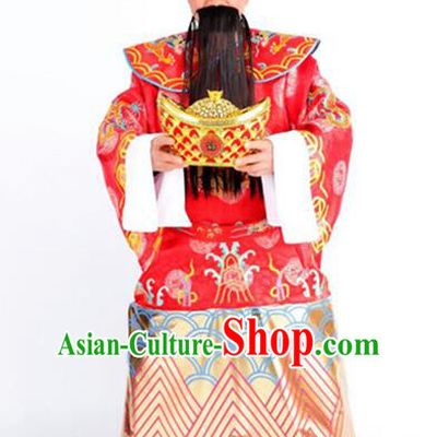 Chinese Fortune God Garment Costumes Ancient God of Wealth Clothing Traditional New Year Celebration Red Gown