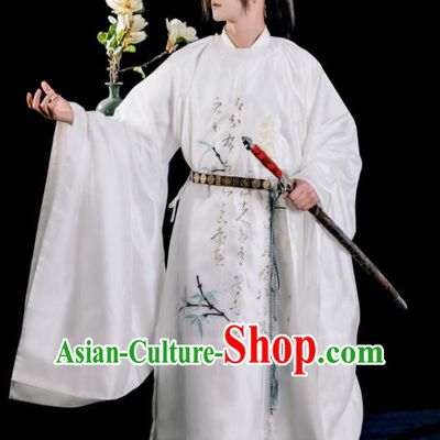 Chinese Ancient Young Childe Clothing Song Dynasty Prince Swordsman Garment Costumes Traditional Scholar White Embroidered Robe