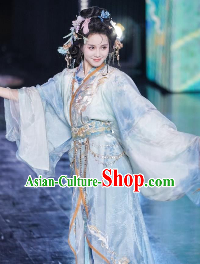 China Ancient Noble Lady Costumes Traditional Embroidered Hanfu Warring States Period Empress Blue Dresses China Ancient Noble Lady Costumes Traditional Embroidered Hanfu Warring States Period Empress Blue Dresses