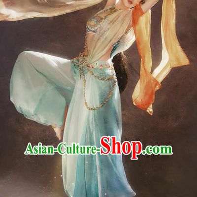 Traditional Chinese Dun Huang Flying Apsaras Costume Ancient Tang Dynasty Dance Lady Dress Fairy Light Blue Hanfu Clothing