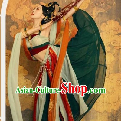 Chinese Ancient Fairy Dark Green Hanfu Clothing Traditional Dun Huang Flying Apsaras Costume Tang Dynasty Dance Lady Dress