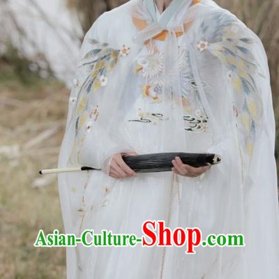 China Ancient Swordsman Costume Ming Dynasty Male White Cape Traditional Hanfu Embroidered Cloak