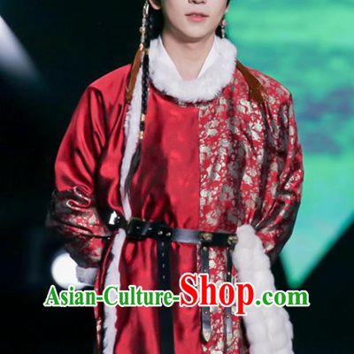 China Ancient Young Childe Costume Tang Dynasty Prince Clothing Traditional Winter Swordsman Red Hanfu Robe