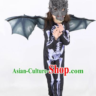 Top Cosplay Dinosaur Dark Gray Mask and Wings Halloween Fancy Ball Costume Carnival Clothing Set