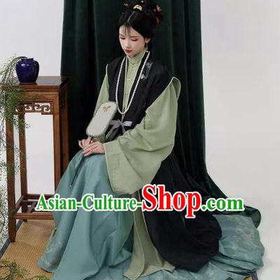 China Ancient Young Mistress Costumes Traditional Hanfu Ming Dynasty Black Long Vest Green Gown and Blue Ma Mian Qun Skirt Complete Set