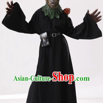 Top Cosplay Demon Black Robe and Headdress Halloween Fancy Ball Skull Costume for Adults