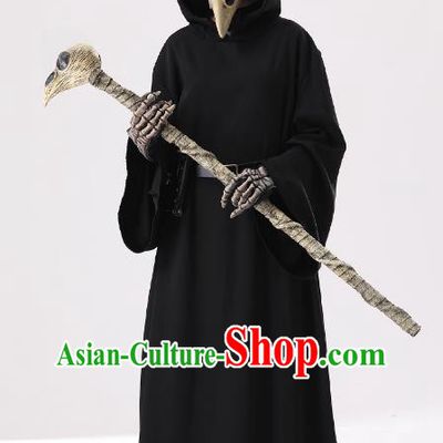 Halloween Fancy Ball Crow Skull Costume Top Cosplay Demon Black Robe and Headdress for Adults
