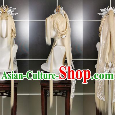 Bright Moon Butterfly Heart Fox Golden Female Wig Headdress Sword Three Cosplay Wig Headgear Blonde Hair