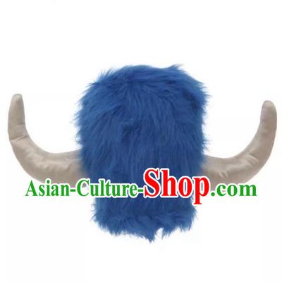 Handmade Cosplay Buffalo Hat Halloween Stage Performance Blue Fur Cowhorn Hat