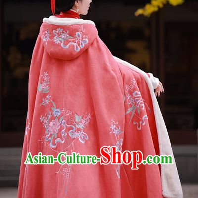 China Winter Pink Cloak Embroidered Hanfu Cape Ancient Princess Clothing Song Dynasty Woman Costume