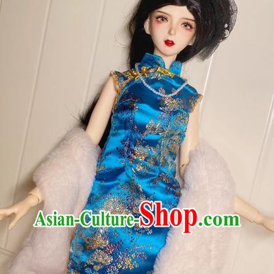 Customize Handmade BJD Costume Top Figurine Qipao Clothing Sexy Girl Blue Brocade Cheongsam