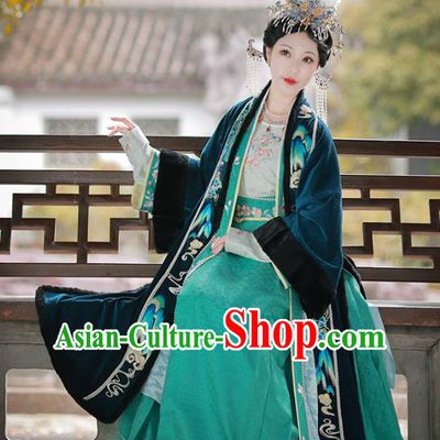 Traditional Winter Hanfu Green Velvet Dress China Ancient Empress Clothing Song Dynasty The Journey of a Legendary Landscape Painting Costume