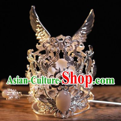 Handmade Silvery Crown and Hairpin Chinese Ancient Prince Hair Jewelries Top Hanfu Male Headgear