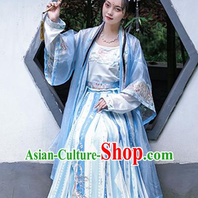 Traditional Hanfu Blue Long Beizi Dress China Ancient Young Lady Clothing Song Dynasty Embroidered Costumes