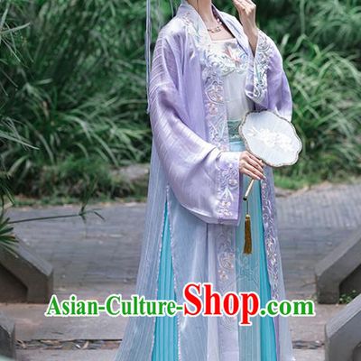 Song Dynasty Embroidered Costumes Traditional Hanfu Lilac Long Beizi Dress China Ancient Young Lady Clothing