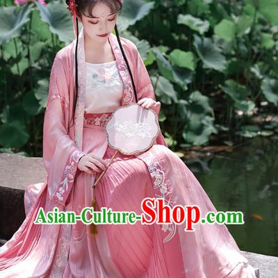 China Ancient Young Lady Clothing Song Dynasty Embroidered Costumes Traditional Hanfu Pink Long Beizi and Skirt Set