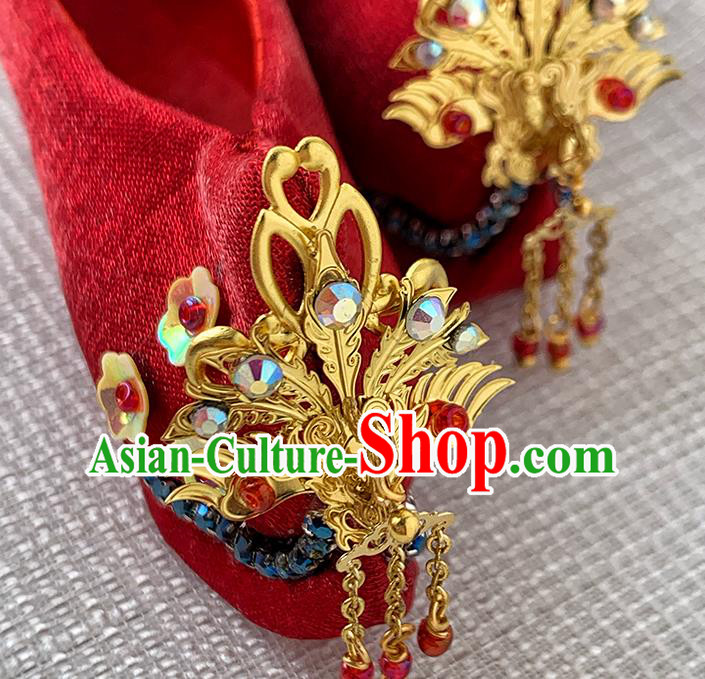 Chinese Traditional Embroidery Shoe Handmade Mazu Goddess Red Shoes Bodhisattva Phoenix Red Shoes Chinese Traditional Embroidery Shoe Handmade Mazu Goddess Red Shoes Bodhisattva Phoenix Red Shoes