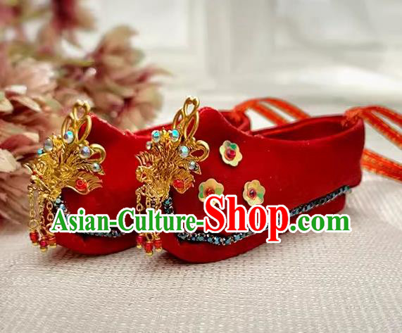 Chinese Traditional Embroidery Shoe Handmade Mazu Goddess Red Shoes Bodhisattva Phoenix Red Shoes Chinese Traditional Embroidery Shoe Handmade Mazu Goddess Red Shoes Bodhisattva Phoenix Red Shoes