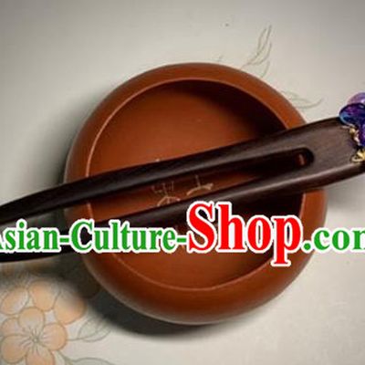 Handmade Cheongsam Hair Jewelry Christmas Gift Chinese Hanfu Purple Glass Headgear Traditional Ebony Hairpin
