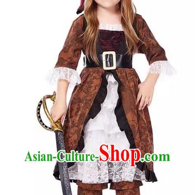 Christmas Drama Performance Clothing Top Halloween Costumes Cosplay European Medieval Pirate Captain Brown Dress for Children