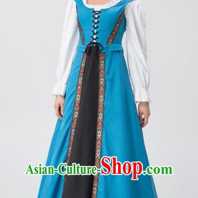 Medieval European Costume Renaissance Woman Court Blue Long Dress Christmas Drama Performance Costume