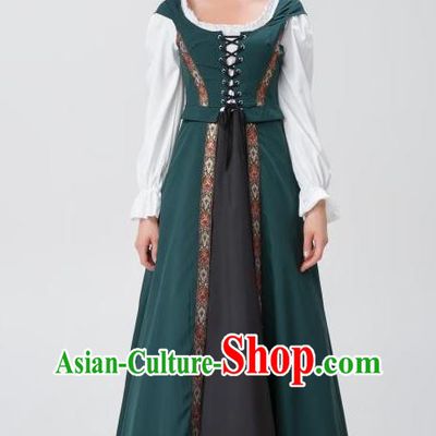 Renaissance Woman Court Dark Green Long Dress Christmas Drama Performance Costume Medieval European Costume