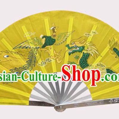 Stage Performance Dragon and Phoenix Yellow Fan Top Stainless Metal Fan Tai Chi Dance Fan Kung Fu Fan