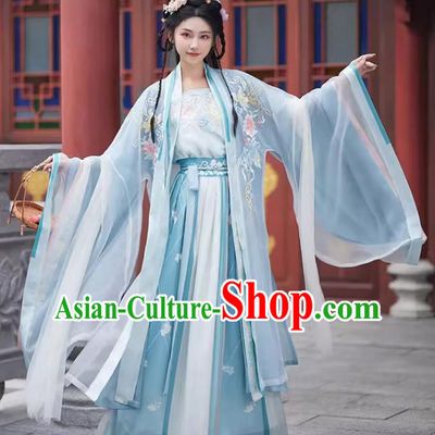 China Plus Size Hanfu Blue Qiyao Ruqun Song Dynasty Young Lady Clothing Ancient Princess Embroidered Costumes