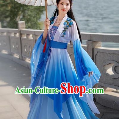 Blue China Ancient Fairy Costume Hanfu Wide Sleeve Goddess Dress Tang Dynasty Princess Clothing