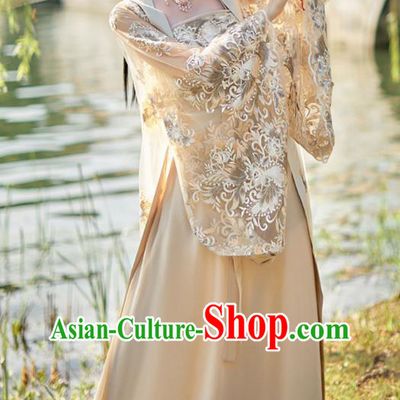 China Ancient Fairy Costume Beige Hanfu Embroidered Dress Tang Dynasty Beauty Dance Clothing