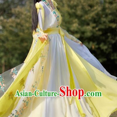 China Tang Dynasty Beauty Dance Clothing Ancient Fairy Costume Yellow Hanfu Embroidered Dress