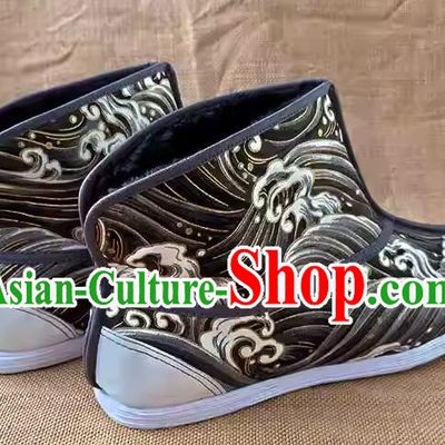 Chinese Handmade Brocade Kung Fu Boots Old Peking Strong Cloth Soles Shoes Traditional Winter Thermal Boots
