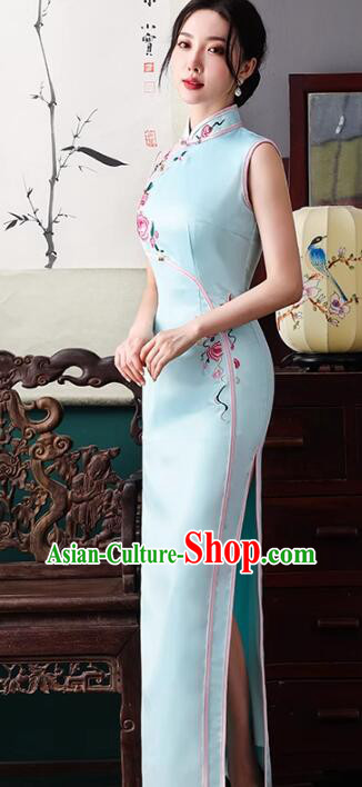 Chinese Traditional Dress Light Blue Sleeveless Cheongsam Embroidered Peony Long Qipao Chinese Traditional Dress Light Blue Sleeveless Cheongsam Embroidered Peony Long Qipao
