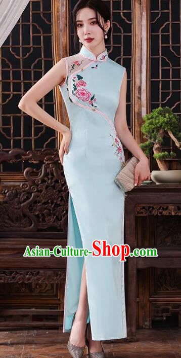 Chinese Traditional Dress Light Blue Sleeveless Cheongsam Embroidered Peony Long Qipao Chinese Traditional Dress Light Blue Sleeveless Cheongsam Embroidered Peony Long Qipao