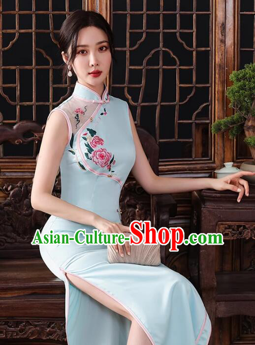 Chinese Traditional Dress Light Blue Sleeveless Cheongsam Embroidered Peony Long Qipao Chinese Traditional Dress Light Blue Sleeveless Cheongsam Embroidered Peony Long Qipao