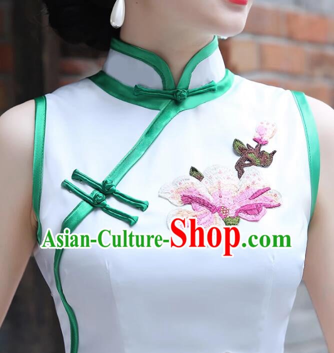Chinese Embroidered Yulan Mangnolia Long Qipao Traditional Dress White Sleeveless Cheongsam Chinese Embroidered Yulan Mangnolia Long Qipao Traditional Dress White Sleeveless Cheongsam