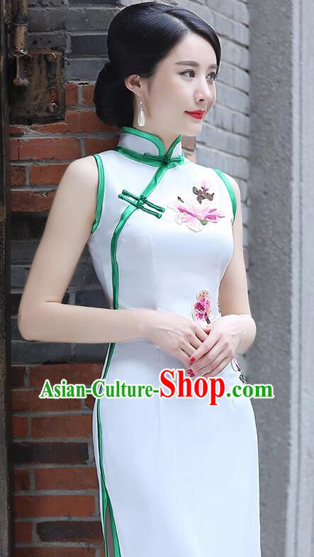 Chinese Embroidered Yulan Mangnolia Long Qipao Traditional Dress White Sleeveless Cheongsam Chinese Embroidered Yulan Mangnolia Long Qipao Traditional Dress White Sleeveless Cheongsam